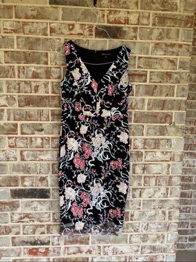 JAX Black Midi Dress with Pink, Reddish Orange, and Cream Floral Embroidery